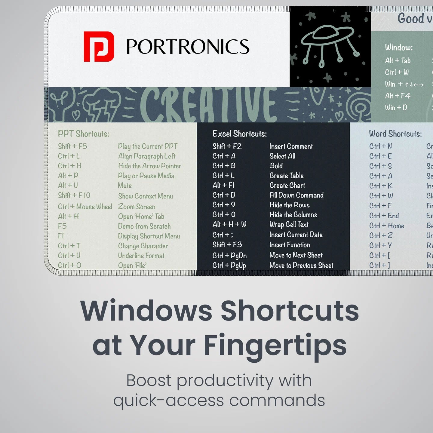 Comfipad 2 - Mouse Pad - Windows Shortcuts | Non-Slip Base | Stitched Edges | Extended Size