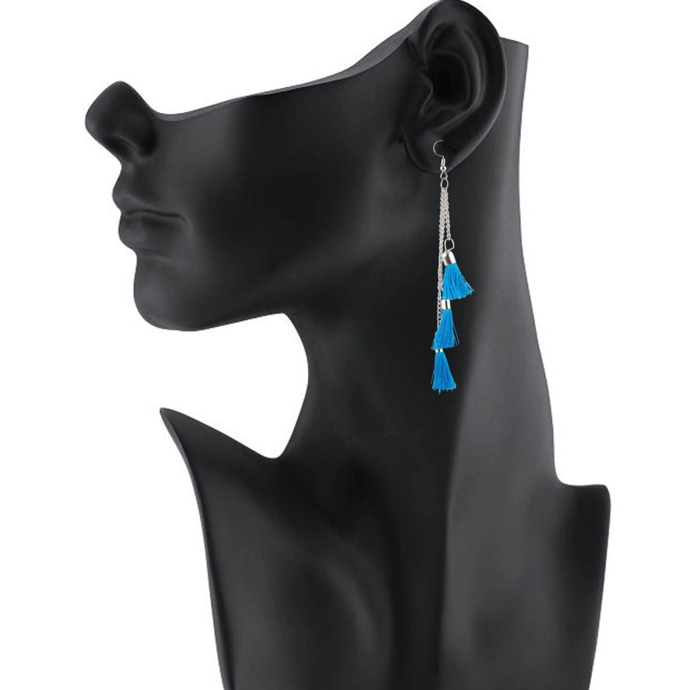 Generic Women's Tassels Beads Hook Dangler Hanging Hanging Earrings-Blue