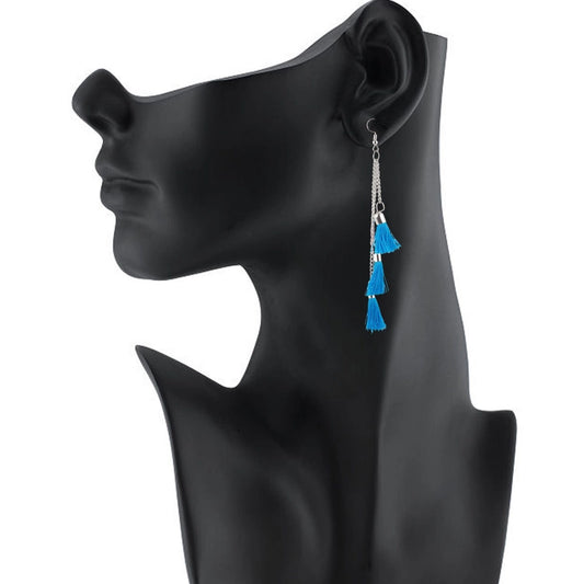 Generic Women's Tassels Beads Hook Dangler Hanging Hanging Earrings-Blue