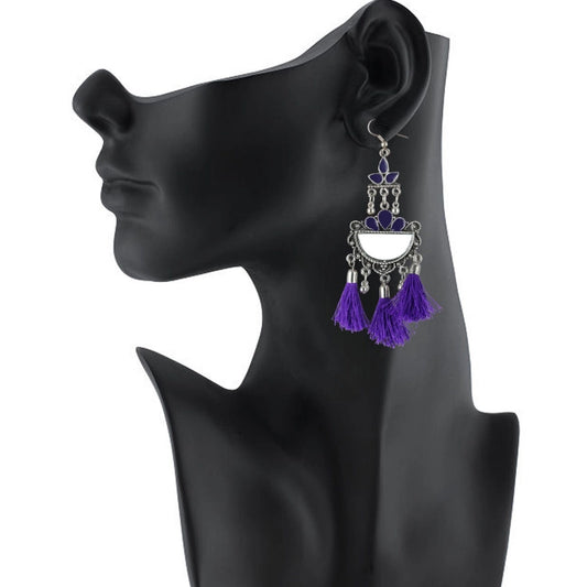 Generic Women's Silver Plated Afgani Tassel Earrings-Purple