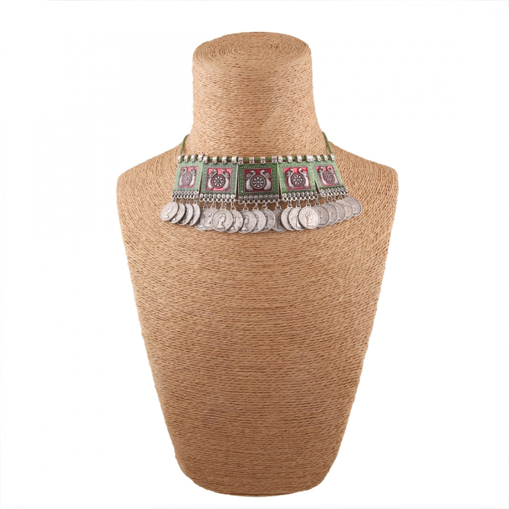 Oxidised Silver Plated Meena Work Choker Necklace