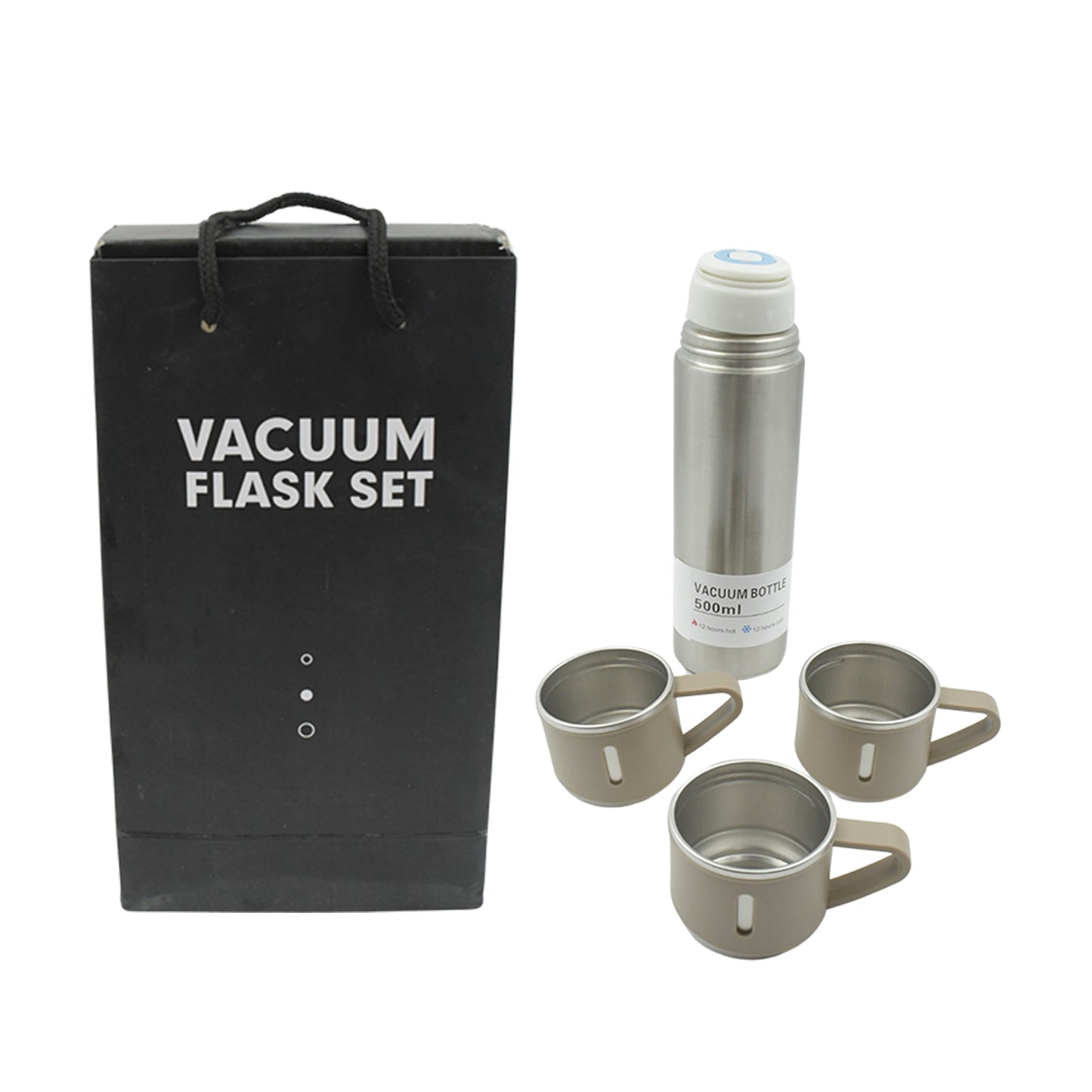 Stainless Steel Vacuum Flask Set with 3 Steel Cups for Hot and Cold Water (500ml)