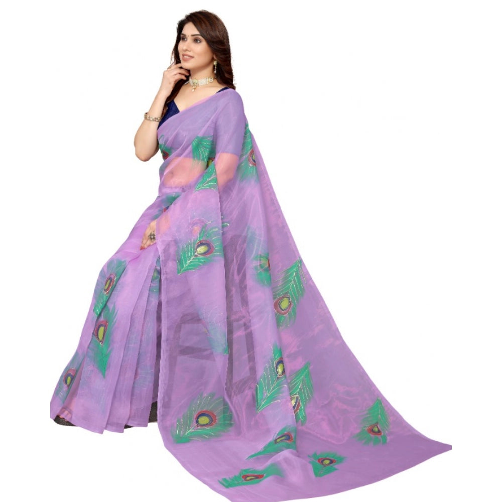 Generic Women's Organza Floral Pattern Sarees (Lavendor, 5-6 Mtrs)