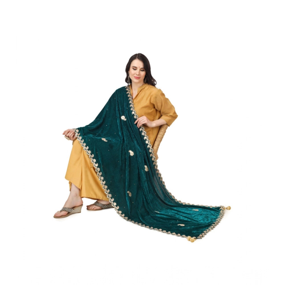 Generic Women's Velvet Gotta Patti Dupatta (Dark Green, Length: 2.25 to 2.50 Mtr)