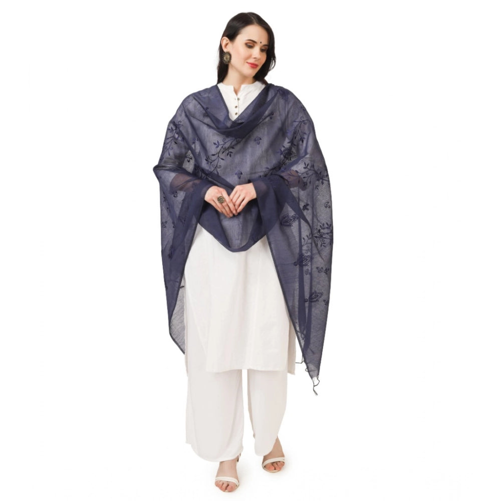Generic Women's Cotton Embroidered Dupatta (Dark Blue, Length: 2.25 to 2.50 Mtr)