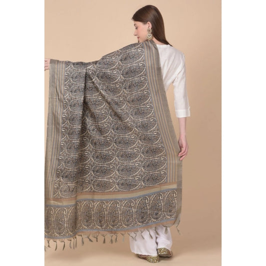Generic Women's Art Silk Printed Dupatta (Grey, Length: 2.25 to 2.50 Mtr)