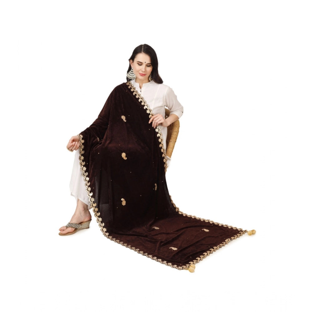 Generic Women's Velvet Gotta Patti Dupatta (Brown, Length: 2.25 to 2.50 Mtr)
