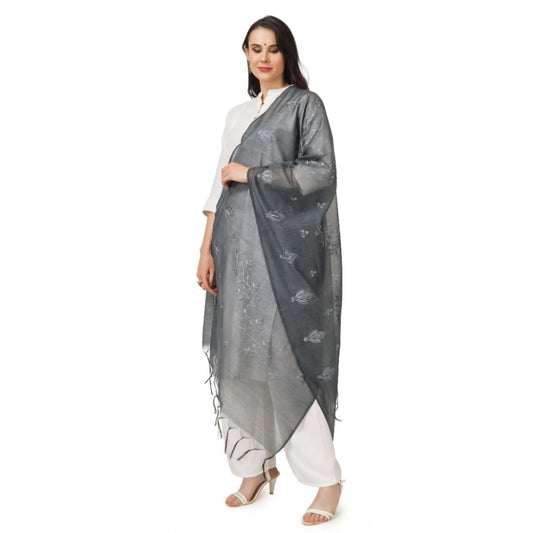 Generic Women's Cotton Embroidered Dupatta (Grey, Length: 2.25 to 2.50 Mtr)