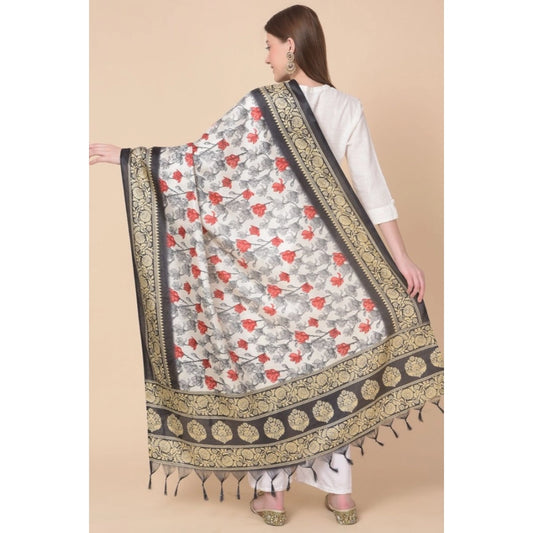 Generic Women's Art Silk Printed Dupatta (Black, Length: 2.25 to 2.50 Mtr)