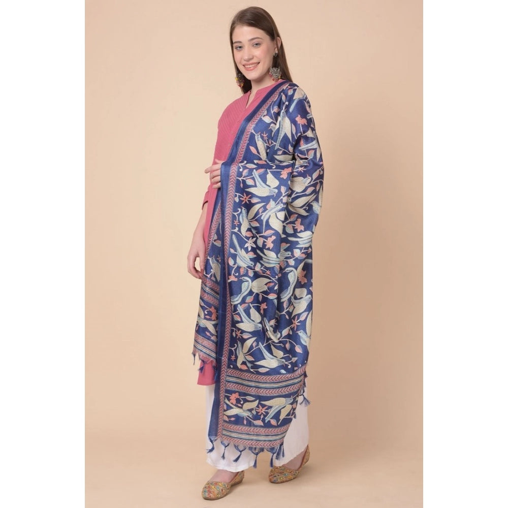 Generic Women's Art Silk Printed Dupatta (Blue, Length: 2.25 to 2.50 Mtr)