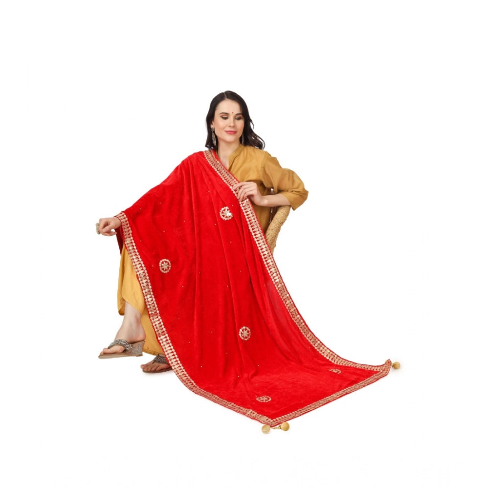 Generic Women's Velvet Gotta Patti Dupatta (Red, Length: 2.25 to 2.50 Mtr)