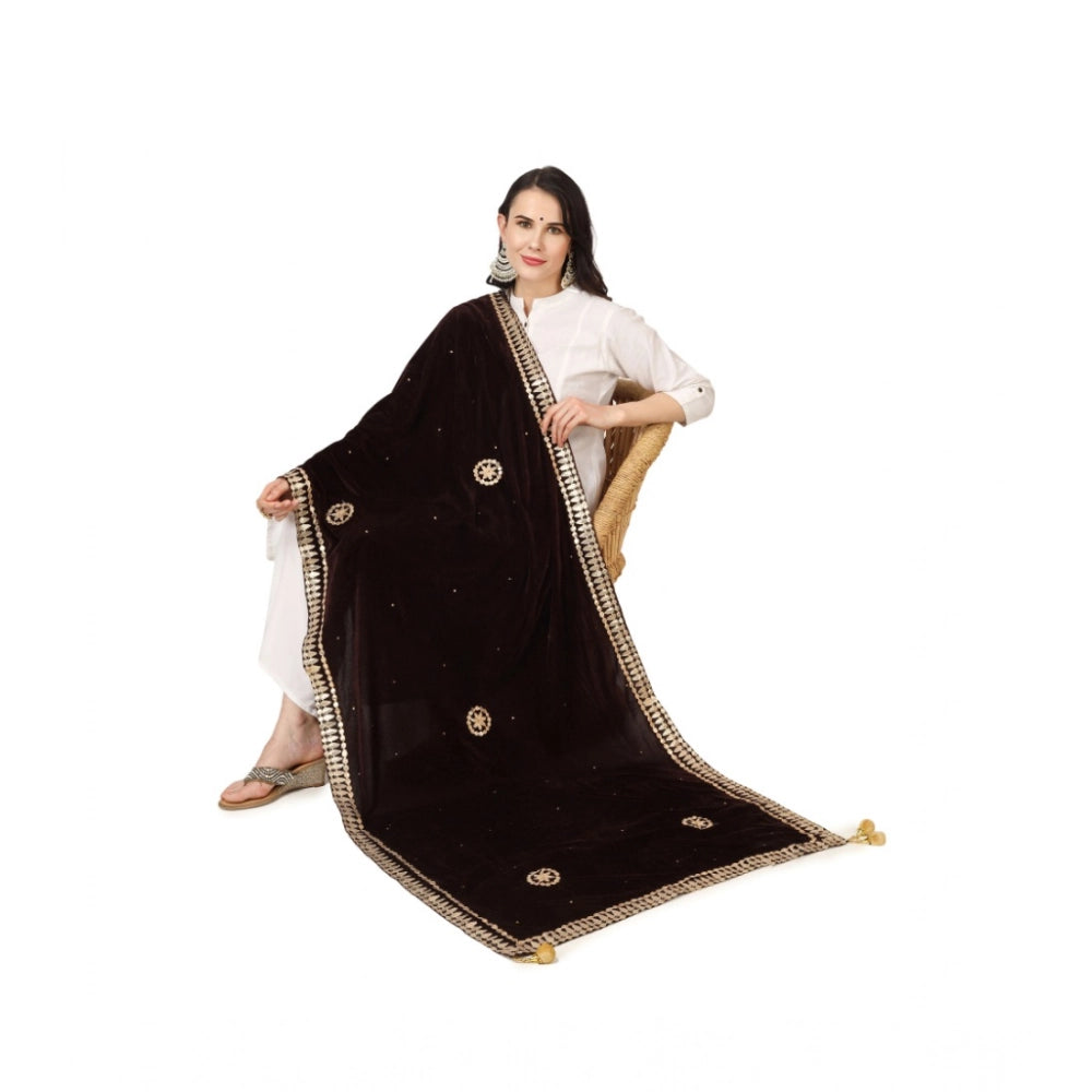 Generic Women's Velvet Gotta Patti Dupatta (Brown, Length: 2.25 to 2.50 Mtr)