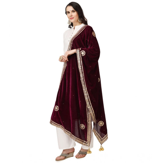 Generic Women's Velvet Gotta Patti Dupatta (Purple, Length: 2.25 to 2.50 Mtr)