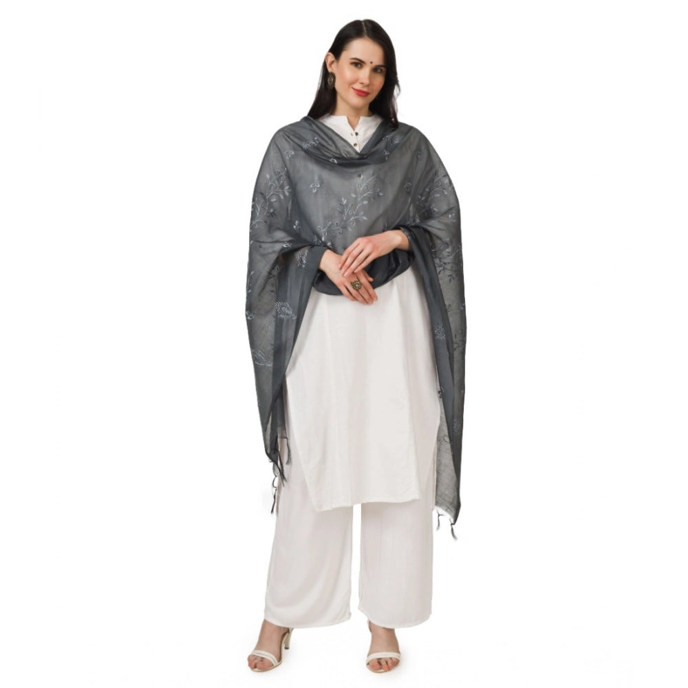 Generic Women's Cotton Embroidered Dupatta (Grey, Length: 2.25 to 2.50 Mtr)