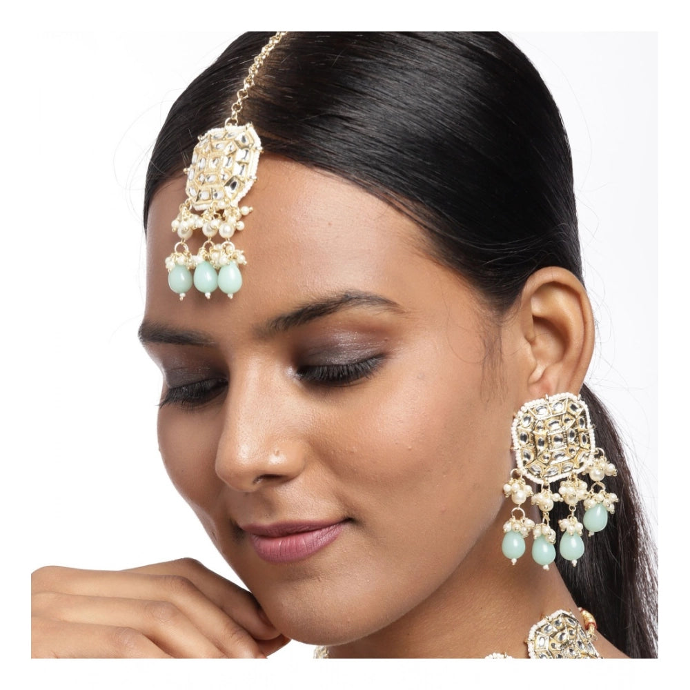 Generic Women's Rose Gold Plated Alloy Kundan Earrings & Mangtikka (White)