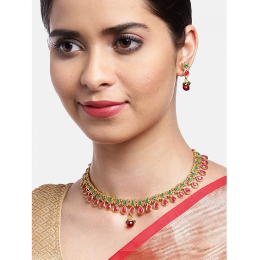 Generic Women's Rose Gold Plated Alloy Necklace & Earings Set (Green & Red)