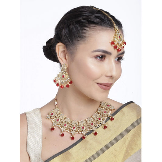 Generic Women's Rose Gold Plated Alloy Necklace & Earings Set (Red)