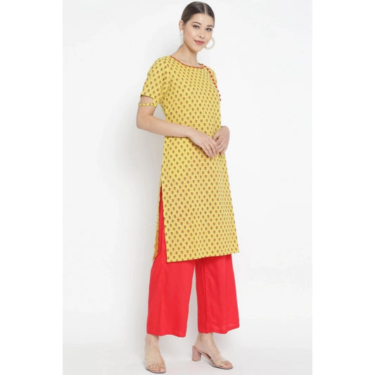 Generic Women's Casual Short Sleeves Floral Printed Cotton & Rayon Kurti Palazzo Set (Yellow & Red)