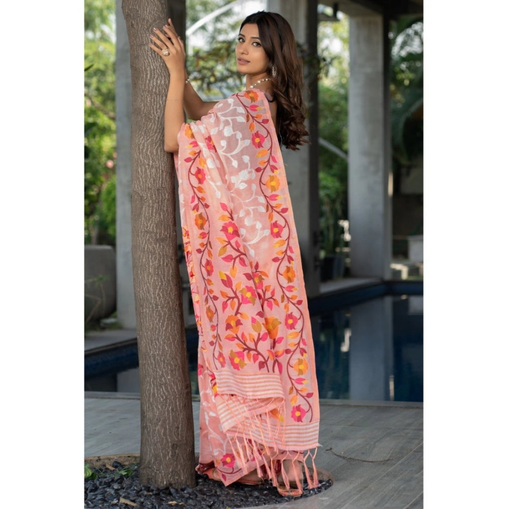 Generic Women's Cotton Printed Saree With Unstitched Blouse (Peach, 5-6 Mtrs)