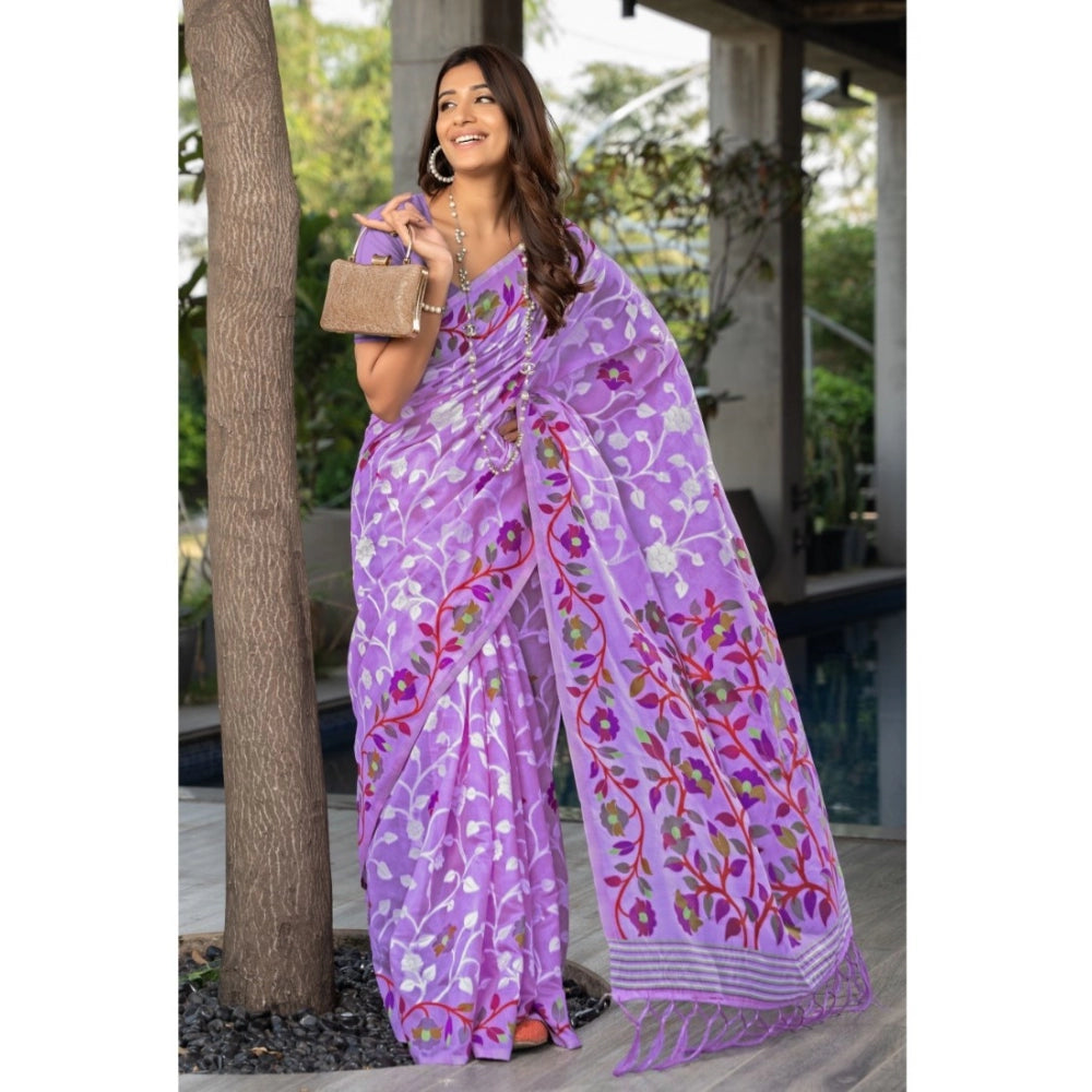 Generic Women's Cotton Printed Saree With Unstitched Blouse (Lavender, 5-6 Mtrs)