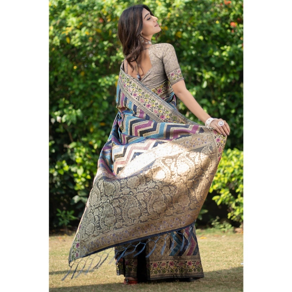 Generic Women's Organza Printed Saree With Unstitched Blouse (Teal, 5-6 Mtrs)