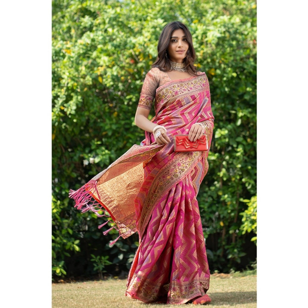 Generic Women's Organza Printed Saree With Unstitched Blouse (Pink, 5-6 Mtrs)