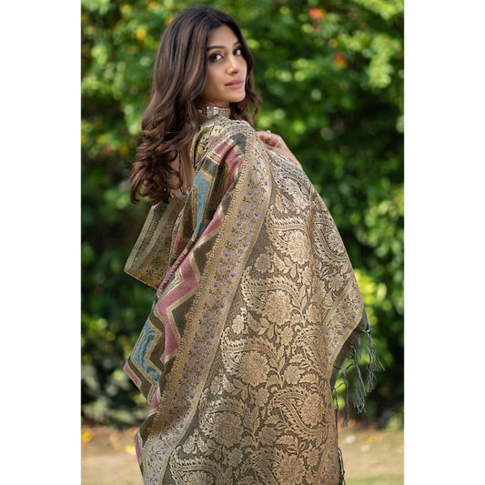 Generic Women's Organza Printed Saree With Unstitched Blouse (Grey, 5-6 Mtrs)