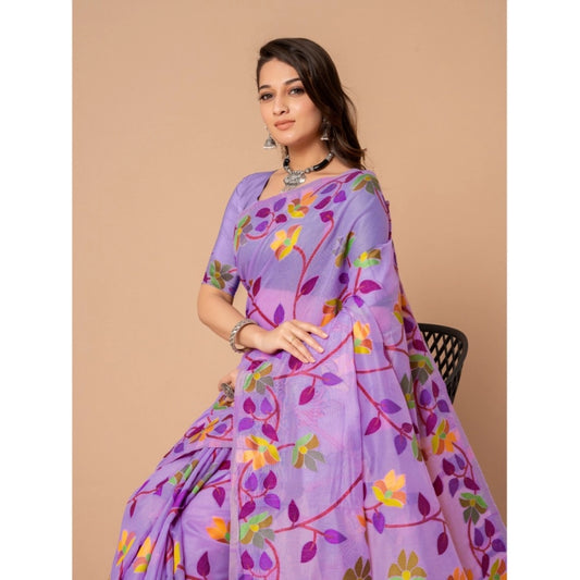Generic Women's Cotton Printed Saree With Unstitched Blouse (Lavender, 5-6 Mtrs)