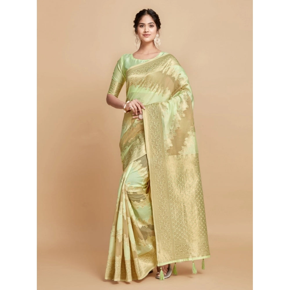 Generic Women's Linen Printed Saree With Unstitched Blouse (Pista, 5-6 Mtrs)