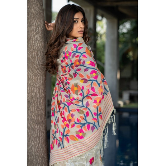 Generic Women's Cotton Printed Saree With Unstitched Blouse (Off-White, 5-6 Mtrs)