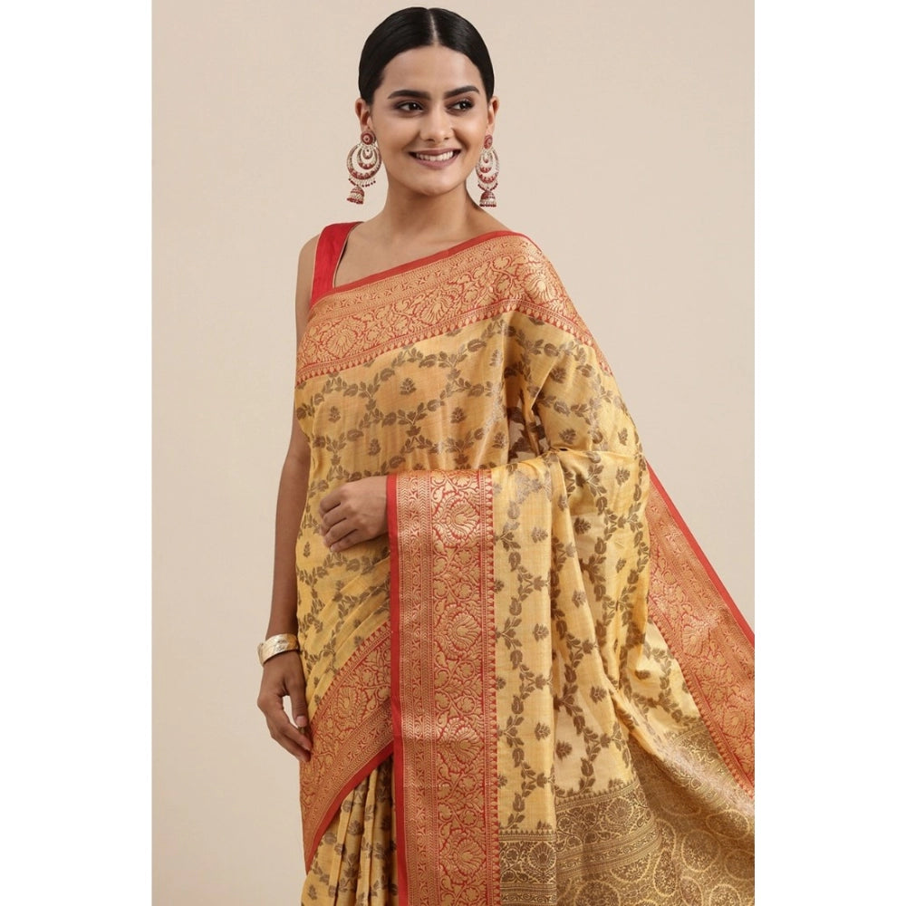 Generic Women's Chanderi Cotton Printed Saree With Unstitched Blouse (Yellow, 5-6 Mtrs)