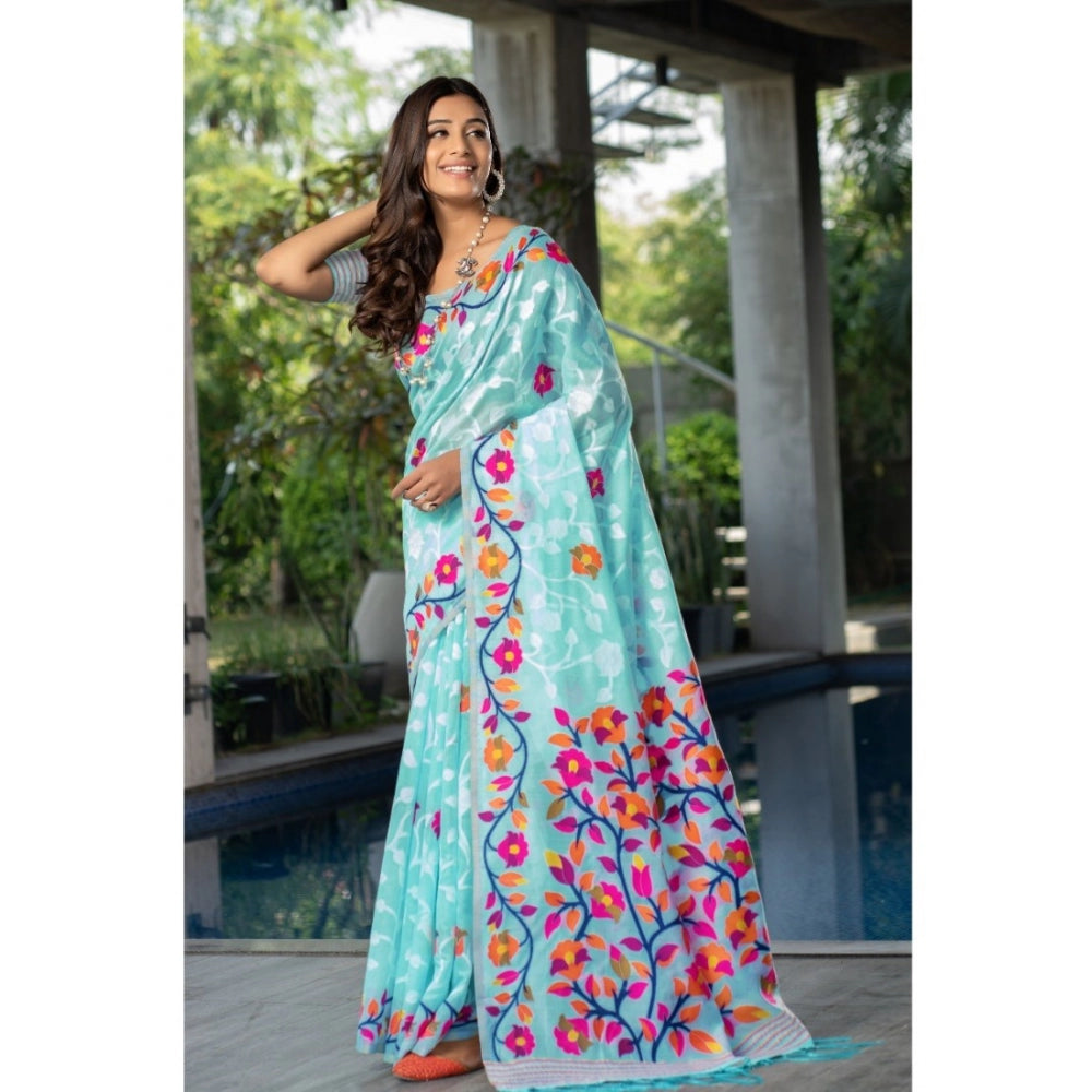 Generic Women's Cotton Printed Saree With Unstitched Blouse (Sky Blue, 5-6 Mtrs)