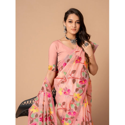 Generic Women's Cotton Printed Saree With Unstitched Blouse (Pink, 5-6 Mtrs)