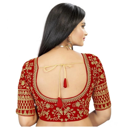 Generic Women's Velvet Embroidery Readymade Blouse (Red, Size: Free Size)