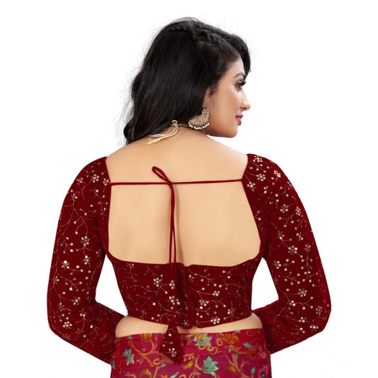 Generic Women's Velvet Embroidery Readymade Blouse (Maroon, Size: Free Size)