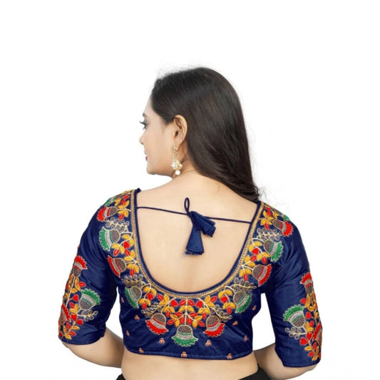 Generic Women's Malai Silk Floral Readymade Blouse (Navy Blue, Size: Free Size)