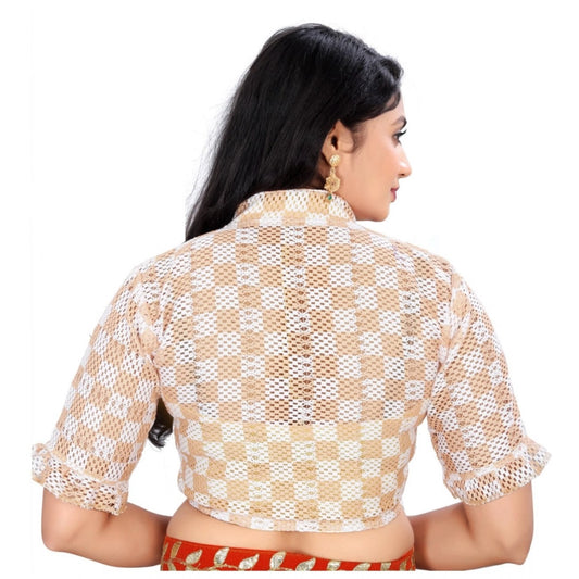 Generic Women's Cotton Blend Checks Readymade Blouse (Beige, Size: Free Size)