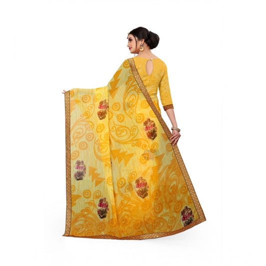 Generic Women's Georgette Floral Print Saree With Unstitched Blouse 5.5Mtr (Yellow)