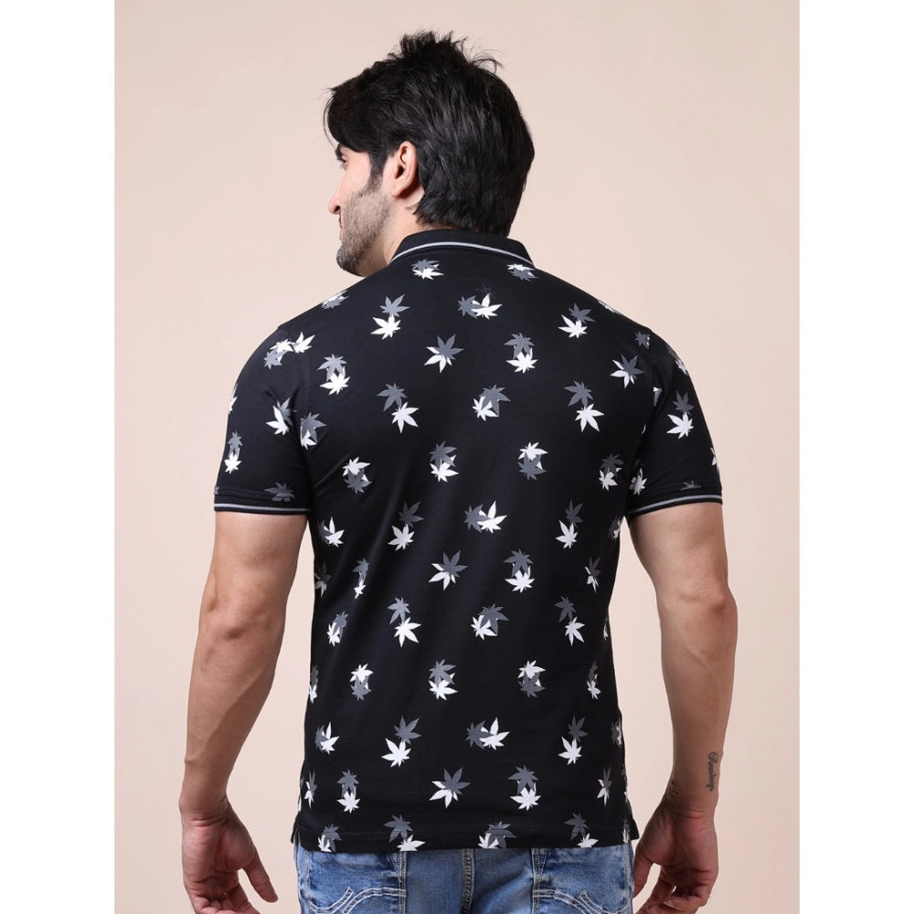 Generic Men's Casual Cotton Printed Polo Neck Half Sleeve T-Shirt (Black)
