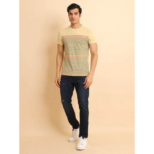 Generic Men's Casual Cotton Printed Round Neck Half Sleeve T-Shirt (Beige)