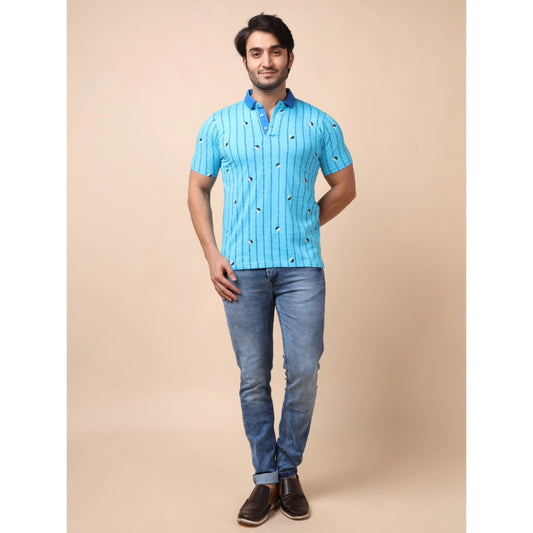 Generic Men's Casual Cotton Printed Polo Neck Half Sleeve T-Shirt (Skyblue)