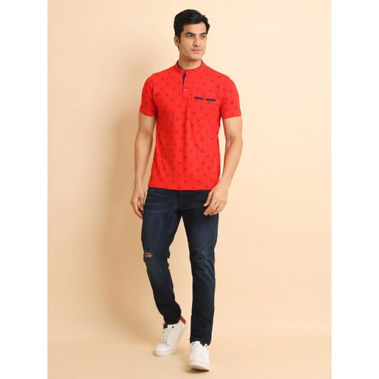 Generic Men's Casual Cotton Printed Mandarin Collar Half Sleeve T-Shirt (Red)