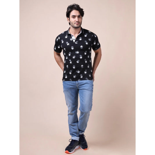 Generic Men's Casual Cotton Printed Polo Neck Half Sleeve T-Shirt (Black)