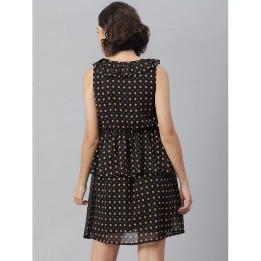 Generic Women's Polyester Peplum Sleeveless Above Knee Dress (Black)