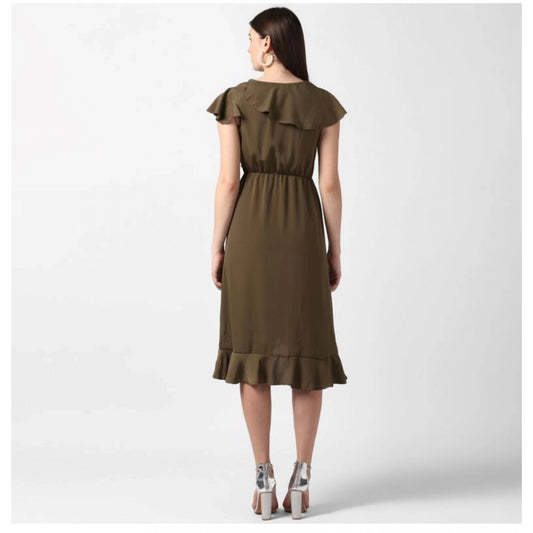 Generic Women's Polyester Ruffled Cap Sleeve Knee-Length Dress (Olive)