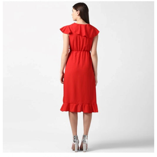 Generic Women's Polyester Ruffled Cap Sleeve Knee-Length Dress (Red)