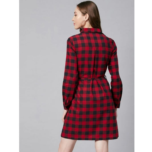 Generic Women's Cotton Checkered Long Sleeves Above Knee Dress (Red - Black)