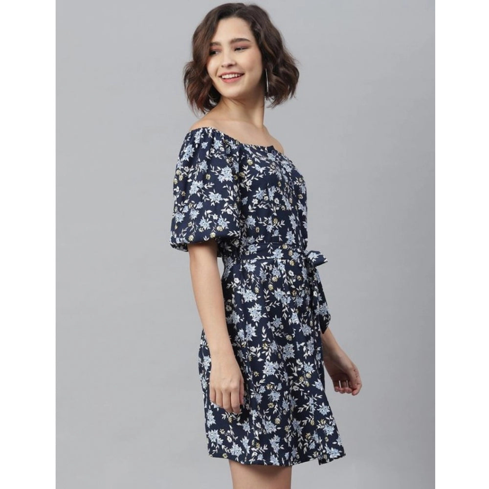 Generic Women's Polyester Off Shoulder Half Sleeve Above Knee Dress (Blue)