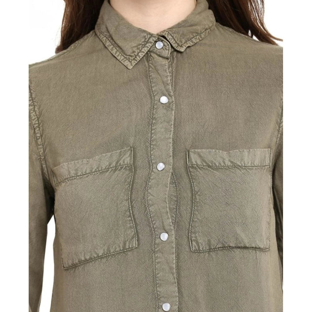 Generic Women's Rayon Solid Long Sleeves Standard Length Shirt (Olive Green)