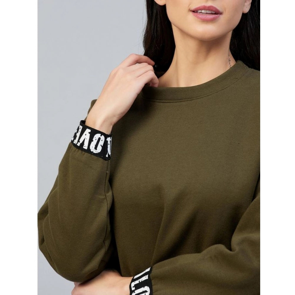 Generic Women's Fleece Solid Long Sleeves Sweatshirt (Olive)